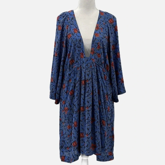 Free People Tallula Wide Sleeve Boho Dress in Blue Combo - Size Large - Picture 4 of 9